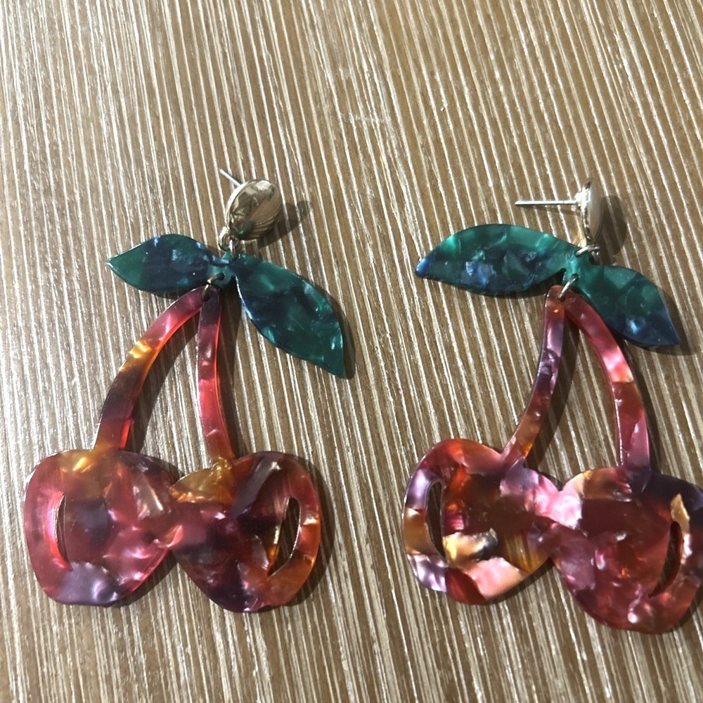 Cherry Drop Earrings Marble Resin Post Dangle Food Fruit